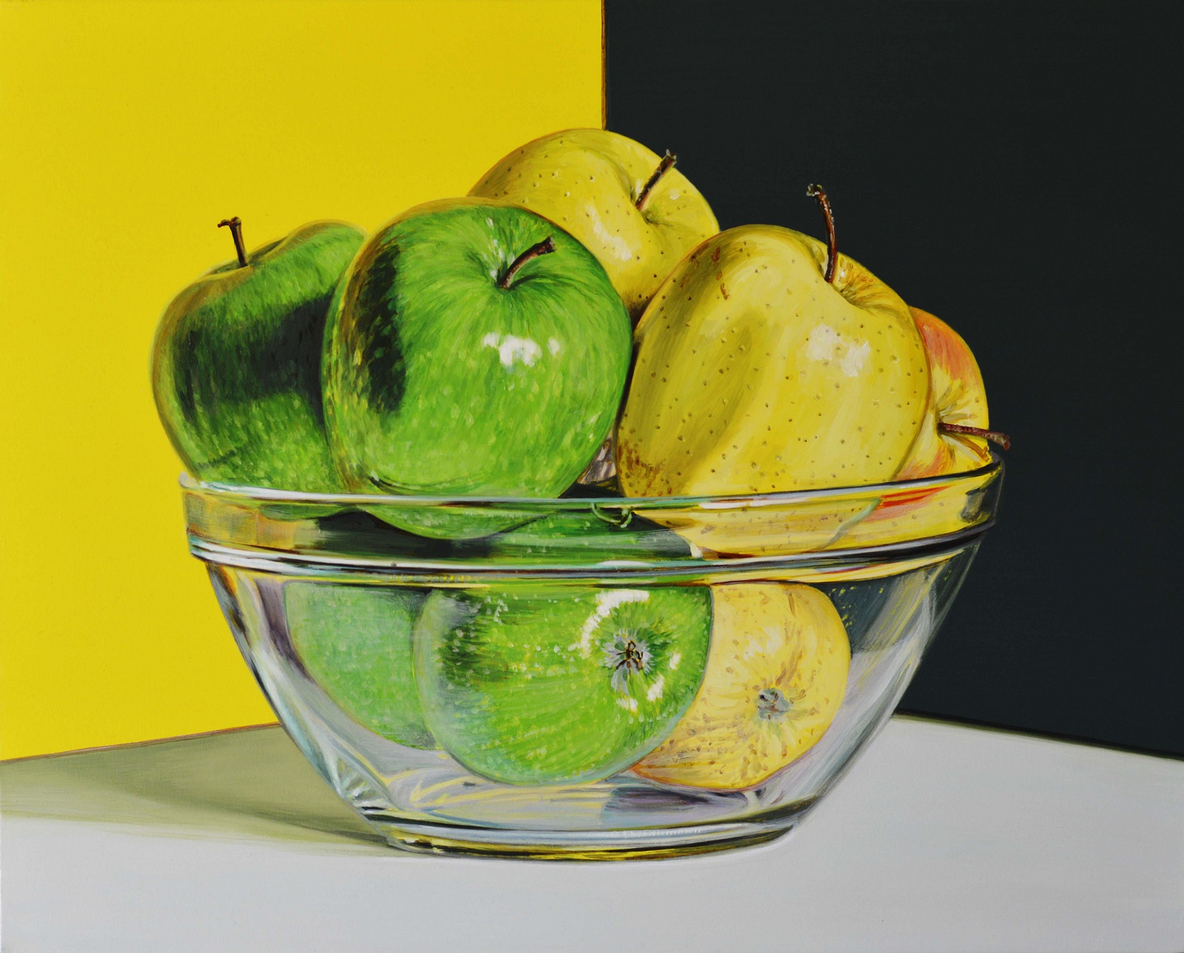 Pietro Alessandro Trovato, Mele verdi e gialle sopra vetro, olio su tela, cm 50x40, 2018