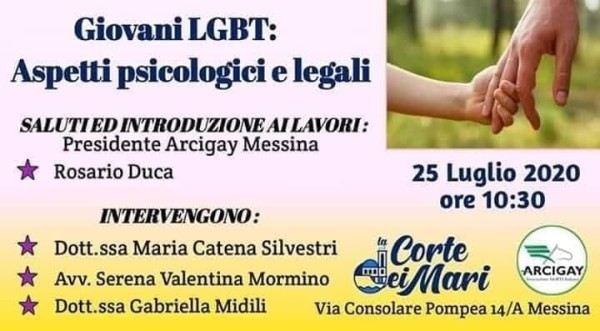 Arcigay Messina organizza l’incontro “Giovani LGBT: Aspetti Psicologici e Legali” – sabato 25 luglio ore 10.30