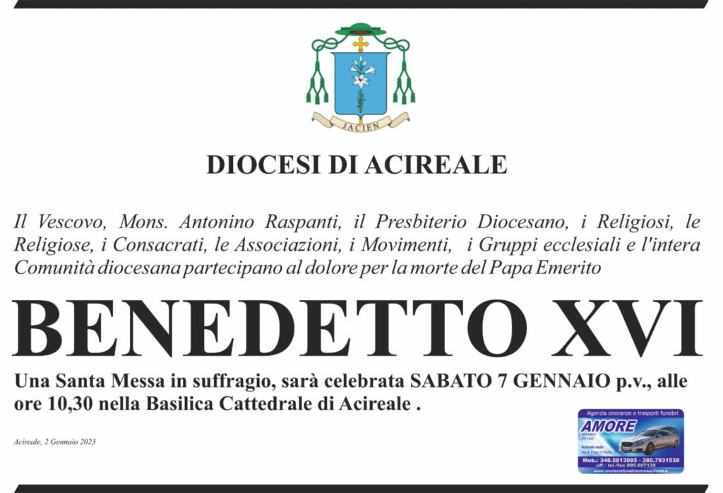 Morte di Benedetto XVI: ad Acireale, Santa Messa di suffragio in Cattedrale. Presiede il vescovo Raspanti