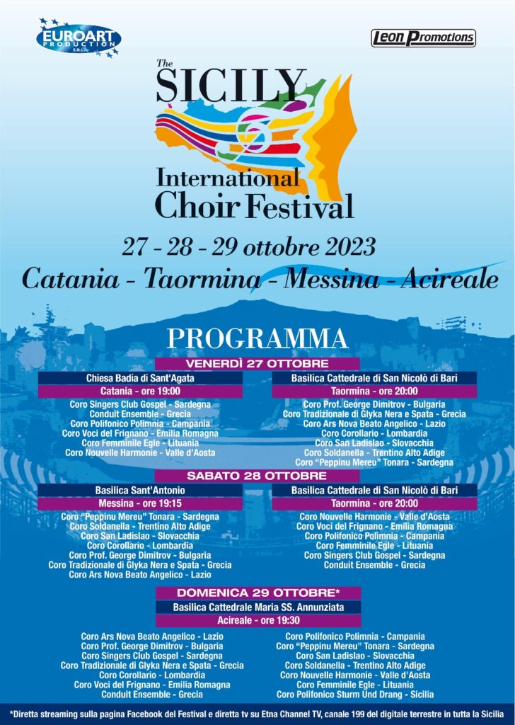 Terza edizione “ The Sicily International Choir Festival”: quattordici corali polifoniche si esibiranno in quattro città della Sicilia orientale