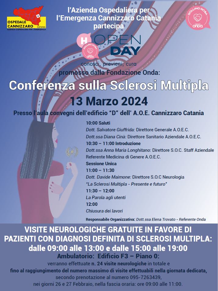 Ospedale Cannizzaro e Sclerosi Multipla: open day con visite gratuite e conferenza