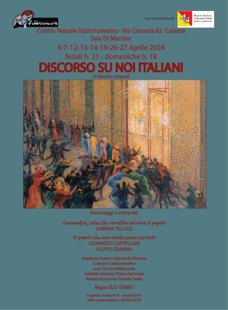 “Discorso su noi italiani”, opera minore di Giacomo Leopardi, nuovo spettacolo di Fabbricateatro